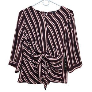 Haute Monde Womens Striped Burgundy Pink Tie Front Blouse Top 3/4 Sleeves Size M